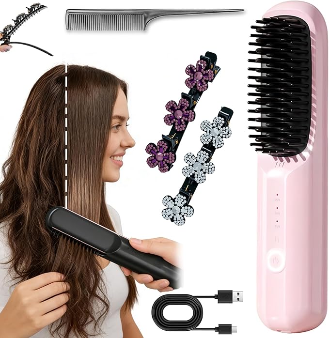 Go Bursh 2026 New USB Cordless Negative Ion Hair Straightening Comb Brush Pro with Sparkling Crystal Stone Braided Hair Clips Portable Hair Straightener Fast Heating Cordless (Pink)