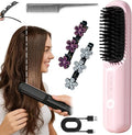 Go Bursh 2026 New USB Cordless Negative Ion Hair Straightening Comb Brush Pro with Sparkling Crystal Stone Braided Hair Clips Portable Hair Straightener Fast Heating Cordless (Pink)