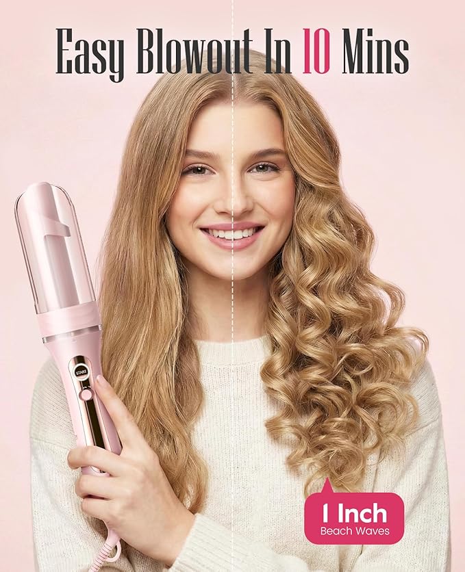 ZAVAREA Automatic Rotating Curling Iron for Long Hair - 1 Inch Curling Wand for Beach Waves &amp Loose Curls Easy Hair Curler for Beginners Anti-Scald &amp Frizz-Free Dual Voltage for Travel