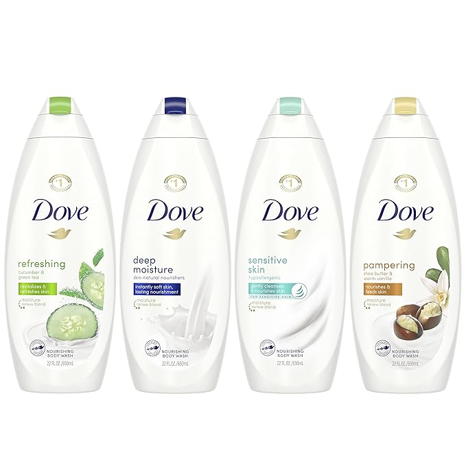 Dove Mixed Body Wash Pack with Skin Natural Nourishers for Instantly Soft Skin and Lasting Nourishment Cleanser That Effectively Washes Away Bacteria While Nourishing Your Skin 4 Count
