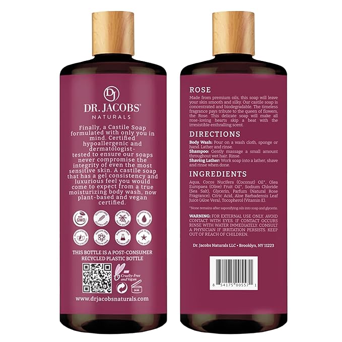 Dr. Jacobs Naturals Castile Rose All-Natural Body Wash for Moisturizing Dry and Sensitive Skin Shampoo with Plant-Based Ingredients Gluten Preservatives-Free Formula with Pump - 32 Ounce