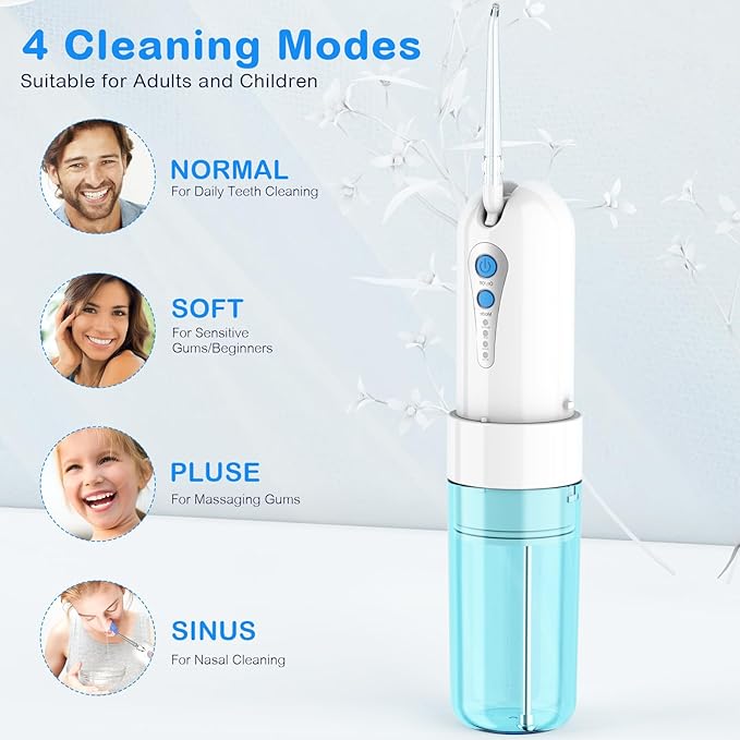 Water Dental Flosser for Teeth Cleaning and Flossing with Travel Size Case – Rechargeable Oral Irrigator KOOVON Portable Water Flosser for Adults IPX7 Waterproof 5 Jet Tips &amp 4 Modes Blue