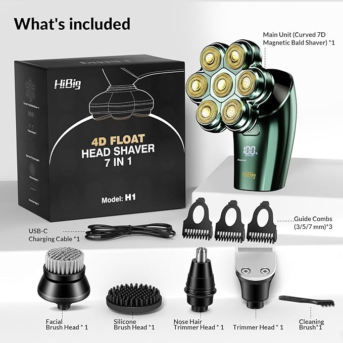 Head Shavers for Bald Men - 7D Arc Magnetic Detachable Electric Razor Waterproof Wet Dry 5-in-1 Electric Shaving &amp Grooming Kit LED Display Rechargeable Head &amp Body Hair Shaver Dark Green