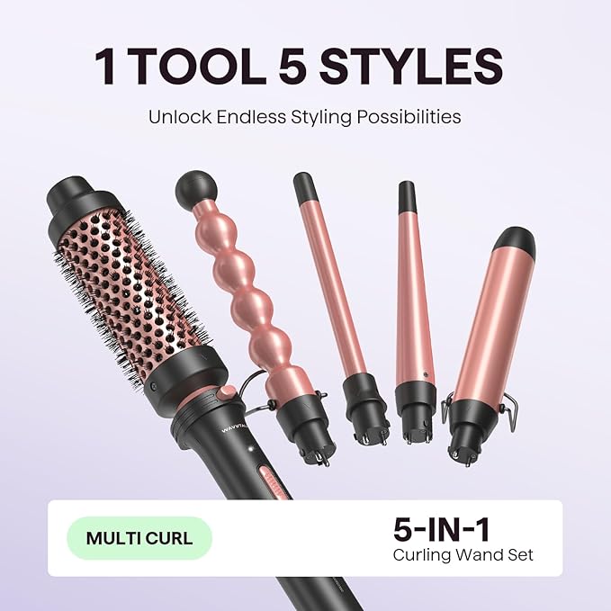 Wavytalk 5 in 1 Curling Wand Set Multi Curl Curling Wand Set with Thermal Brush and 4 Interchangeable Ceramic Curling Wand(0.5”-1.25”) Instant Heat Up Wand Curling Iron