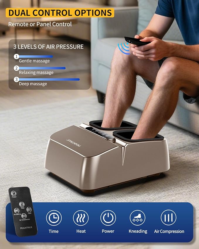 MOUNTRAX Foot Massager Machine with Heat Foot Massager for Plantar Fasciitis Neuropathy Pain Shiatsu Foot Massager with Remote Fits Feet Up to Men Size 12 (Gray)