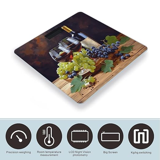 Art Red Wine Galsses &amp Grapes Scale for Body Weight High Precision Digital Weight Scales with LCD Display Anti-Slip Sturdy Slim Tempered Glass Bathroom Scale for Home Use