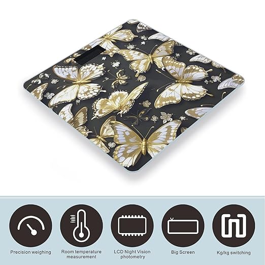 Gold White Butterflies Black Scale for Body Weight Smart Scales Digital Bathroom Scale High Precision Weighing Scales with Large Display Weighing Machine for People