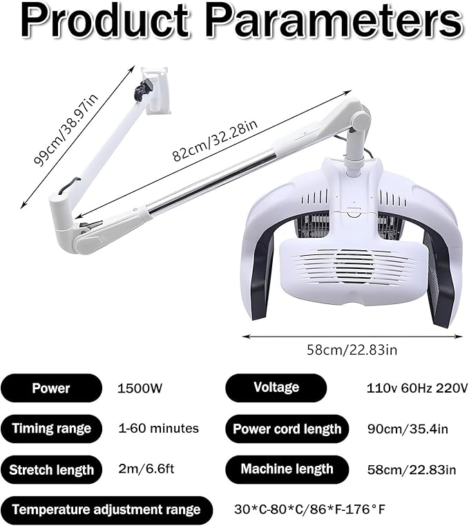 1500W Professional Hair Dryer Wall Mount 3 in 1 Drying Perming Machine with Swing Arm 5 Heating Discs for Barber Shops Beauty Salons and Home Use Hanging