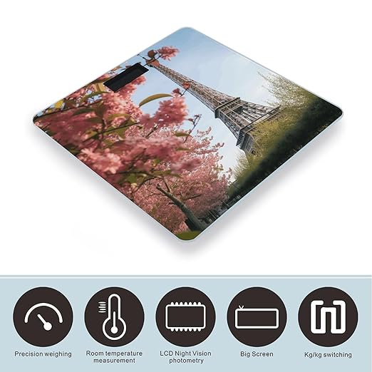 Paris Eiffel Tower Flower Bathroom Scale Automatic Power On/Off Body Scales LCD Backlight Display Square Digital Scale Rounded Corners Bathroom Scales for Home Bedrooms