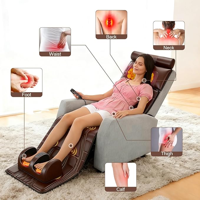 KOCASO PU Leather Full Body Massage Mat Multifunctional Massage Chair Pad with Heat Timer Shiatsu Neck Foot Massager Lumbar Pillow Carry Bag Earplugs Anti-Slip Bottom for Reclining Chair