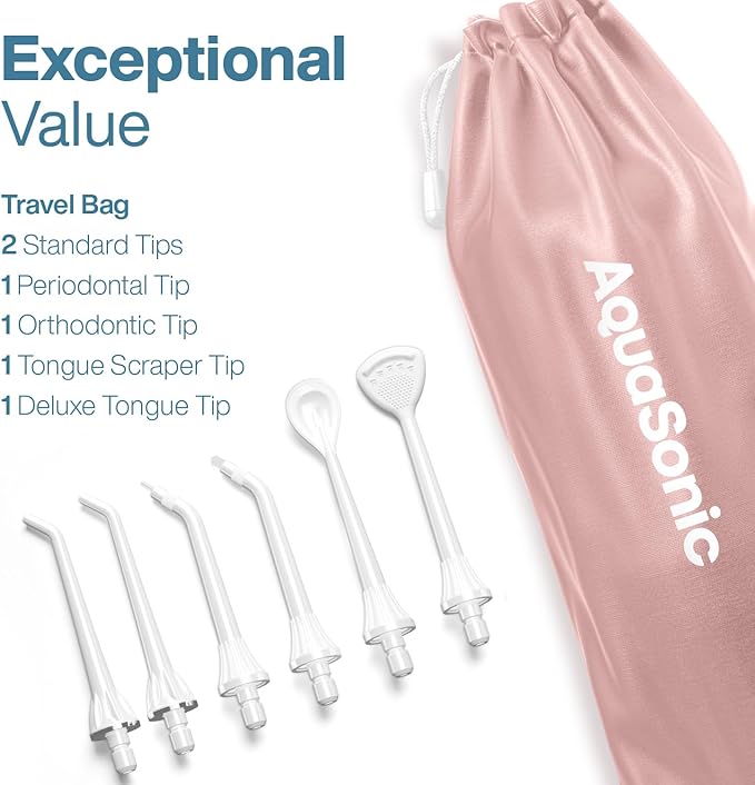 AquaSonic Aqua Flosser PRO - Rechargeable Electric Cordless Water Flosser for Teeth Gums &amp Tongue - Waterproof Modern Design 300ml Large Tank 3 Modes 6 Jet Tips Deluxe Tongue Nozzle - Rose Go