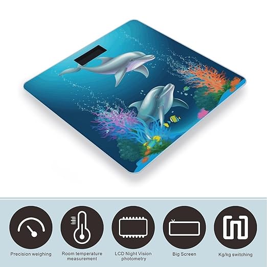 Dolphin and Fish Scale for Body Weight High Precision Digital Weight Scales with LCD Display Anti-Slip Sturdy Slim Tempered Glass Bathroom Scale for Home Use