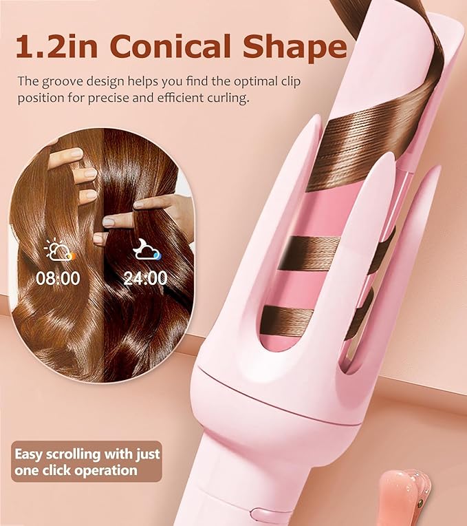 Auto Hair Curler Automatic Curling Iron with 4 Temperature &amp 3 Timer Automatic Shut-Off Anti-Scald Anti-Tangle Rotating Curling Wand for Hair Styling Pink