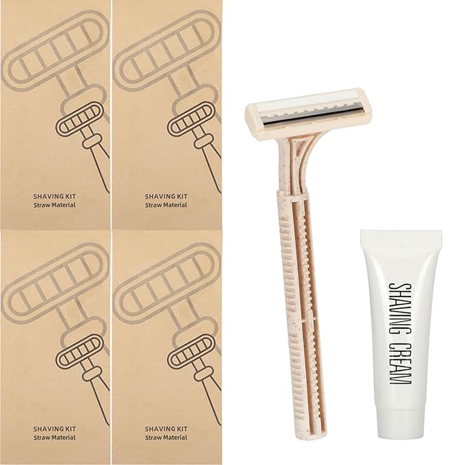 Eco-Friendly Wheat Straw Disposable Shave Kit - 50 Pcs Wheat Straw Razors and Shaving Cream(10g) Bulk Individually Sealed for Hotel Airbnb Camping Travel Homeless Shelters and Charities
