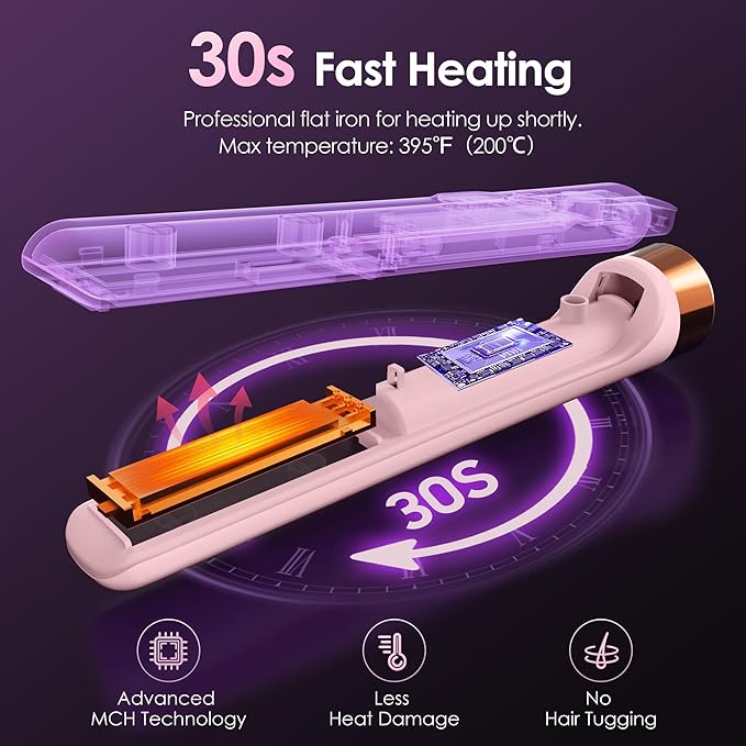 Cordless Hair Straightener Portable Travel Rechargeable Flat Iron Fast Heating Adjustable Temperature for Professional Straightening &amp Curling – Portable and Travel-Friendly (Light Pink)