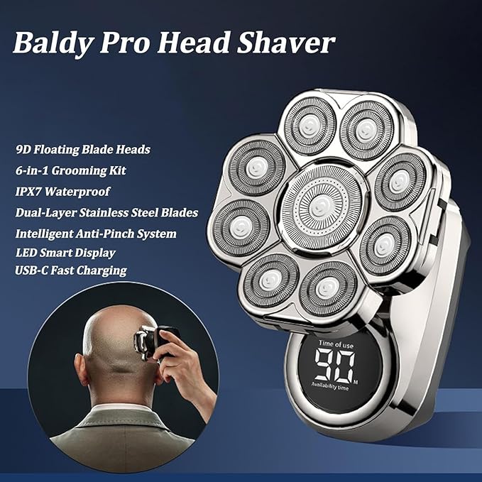 Bawldy Pro Head Shaver 6-in-1 Detachable Head Shavers with 9D Floating Blade Heads IPX7 Waterproof Intelligent LED Display Rechargeable Cordless Razor for Home &amp Travel
