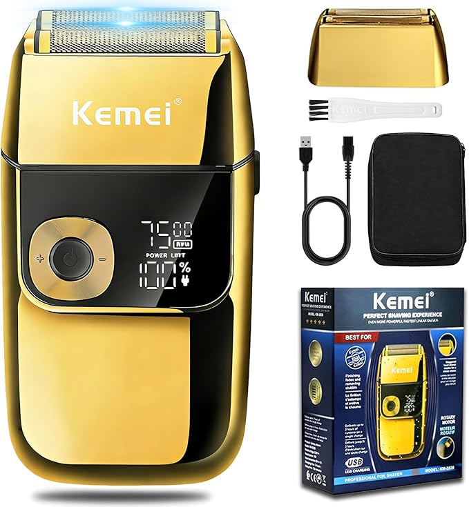 KEMEI Electric Razors for Men LCD Display Cordless Men's Razors USB Rechargeable with Pop-up Beard Trimmer Best Worldwide Travel Gift Model KM 2028 Gold