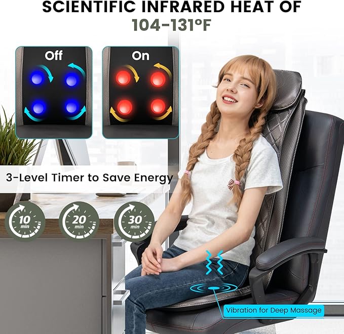 Giantex Massage Seat Cushion with Heat &amp Vibration Removable Neck Pillow &amp Back Flap Adjustable Width 3-Level Timer Spot Massage Rolling Shiatsu Massager for Full Back