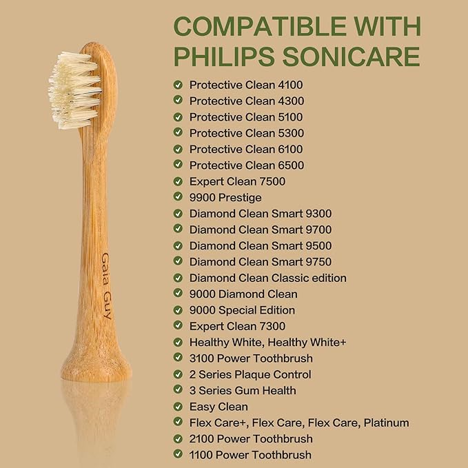 Gaia Guy Natural Bamboo &amp Boar Bristle Electric Toothbrush Head 4-Pack | Compatible with Philips Sonicare | Truly Biodegradable (No Hidden PLA &amp No Nylon) for an Eco-Friendly Clean