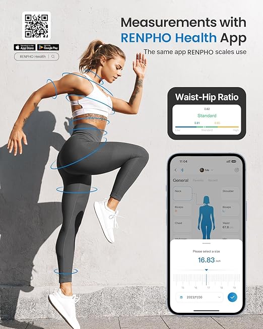 RENPHO Body Measuring Tape Bluetooth Smart Tape Measure with Lock Hook &amp Retractable Function Accurate Body Fat Measurement Device for Weight Loss Muscle Gain Fitness Bodybuilding 60in /150cm