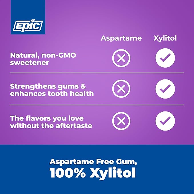 Epic 100% Xylitol Grape Chewing Gum - Sugar Free Aspartame Free Dental Gum - Supports Oral Health &amp Fresh Breath - 50 Pieces (Pack of 3)