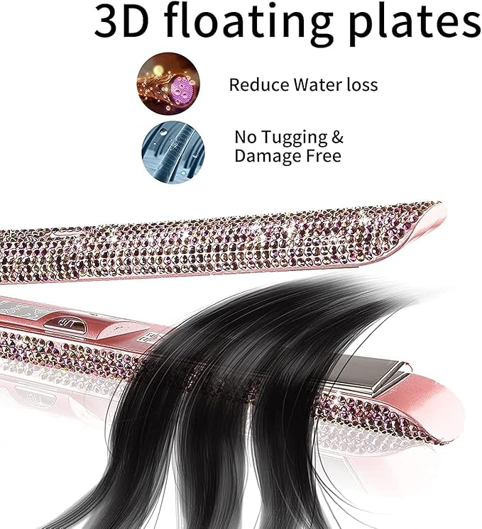 Hair Straightener Titanium Flat Iron with Gorgeous Rhinestone Bling Crystal Diamond 2 in 1 Hair Straightener and Curler 60 Min Auto Shut Off LCD Temp Display Range from 120°F to 470°F(Rose Pink)