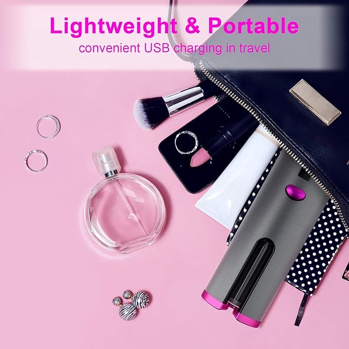Wireless Auto Hair Curler with Adjustable Temperature and Timer Automatic Cordless Curling Iron with LCD Display Portable Rechargeable Rotating Fast Heating Hair Wand for Style