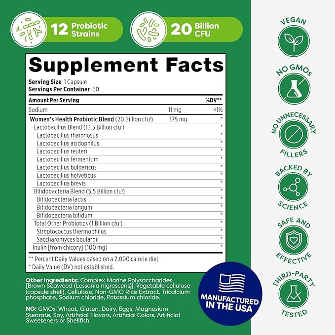 Probulin Womens Probiotic - Vaginal UT Gut &amp Immune Health with Lactobacillus Reuteri - 20 Billion CFU 12 Probiotic Strains &amp Prebiotics - 60 Vegan Gluten Free Capsules for Whole-Body Well