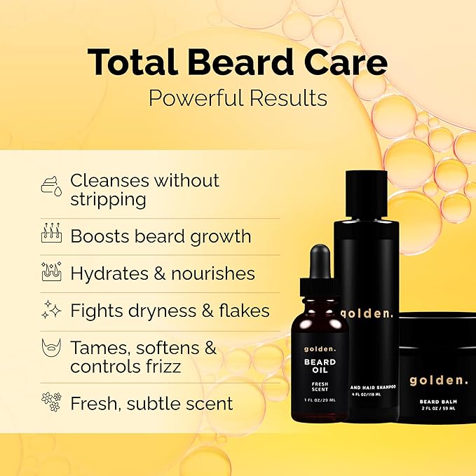 Golden Grooming Co. Everyday Beard Bundle – Complete Beard Care Set | Includes Beard Oil Balm &amp Shampoo (Regular Fresh)