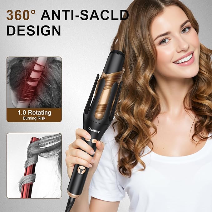 Automatic Curling Iron Beach Waves Curling Wand Portable Hair Curler3 Temperatures Fast Heating 2-Way Rotation Anti-Scald Anti-Tangle Rotating 30 Million Ionic Ceramic Coating (Black)