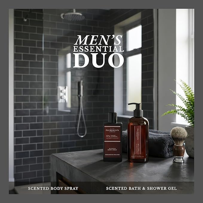 Pecksniff’s Men’s Body Duo Set – Leather &amp Oakmoss Scented Bath &amp Shower Gel 250ml &amp Body Spray 100ml – Luxury Grooming Gift Set for Him
