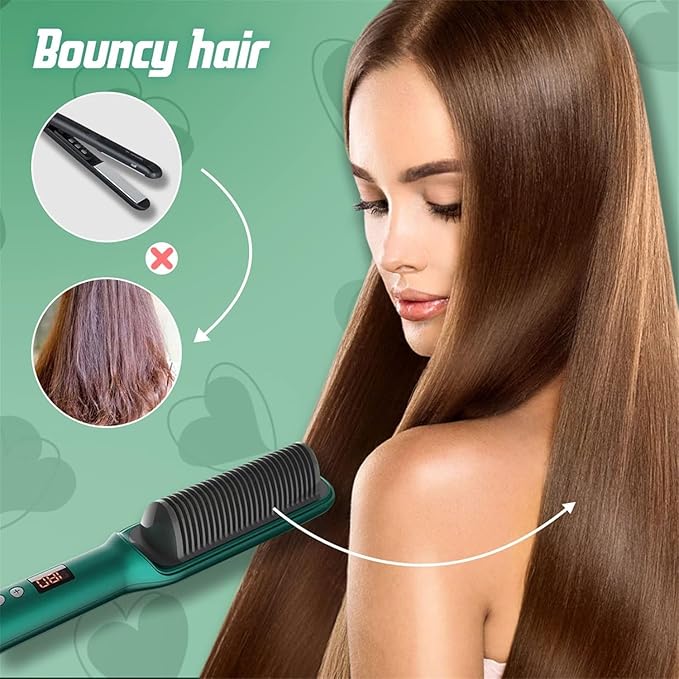 2025 New Negative Ion Hairs Straightener Styling Comb with 5 Temp 2 in 1 Hair Straightener Brush and Curler Portable Electric Straightening Comb Heated Hair Brush 10s Fast Heating Anti-Scald White