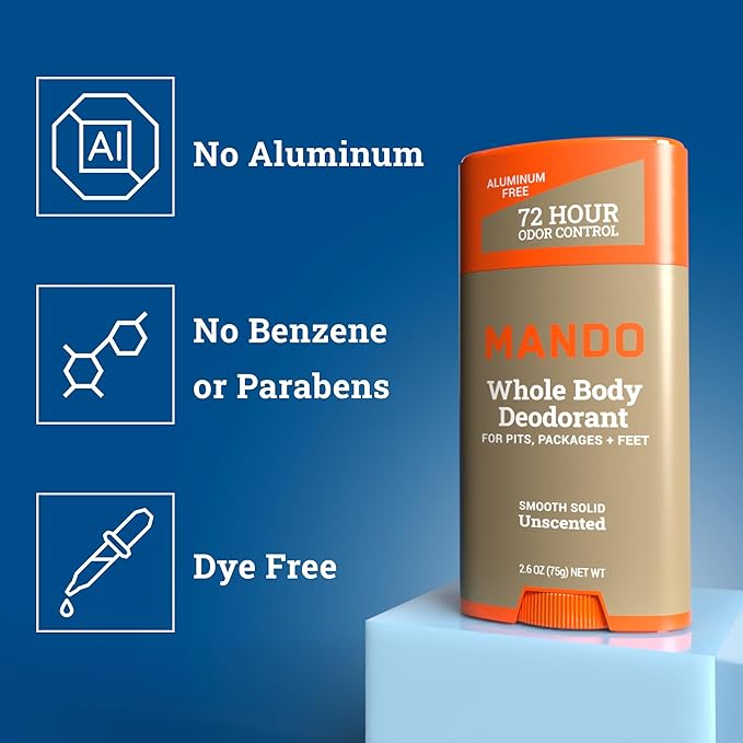 Mando Whole Body Deodorant For Men - Smooth Solid Stick - 72 Hour Odor Control - Aluminum Free Baking Soda Free Skin Safe - 2.6 Ounce (Pack of 2) - Unscented