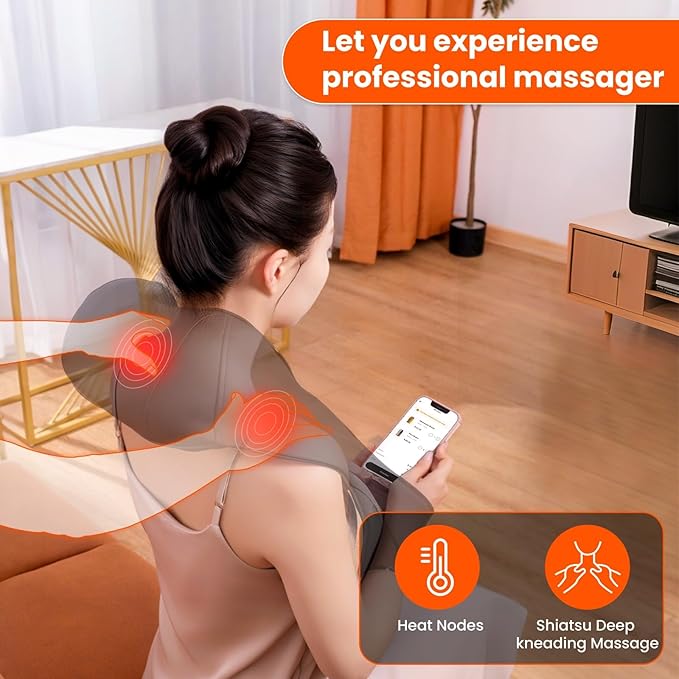 AMZPONY® Cordless Neck Massager for Pain Relief Deep Tissue Rechargeable Shiatsu Neck and Back Massager with Heat Kneading Shoulder Massage for Body Muscle Pain ReliefGifts for Mom Dad Friends