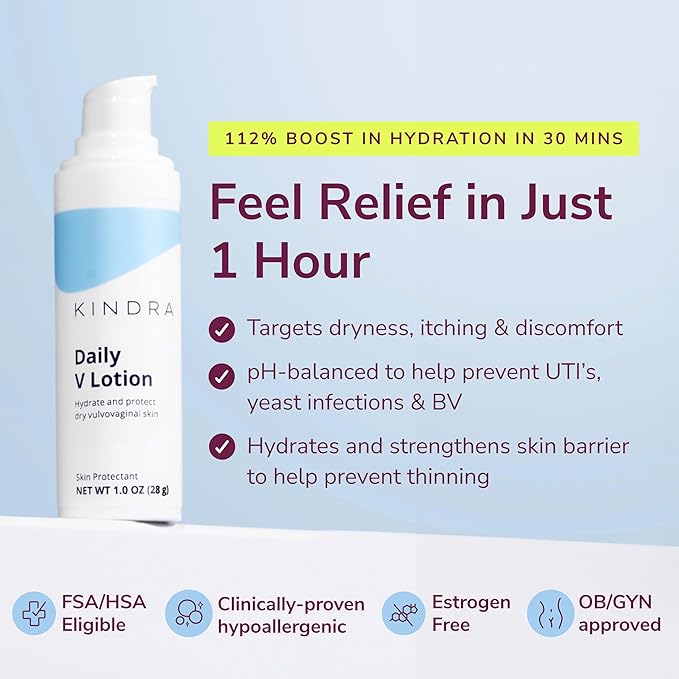 Kindra Daily V Vaginal Moisturizer Lotion - OBGYN Recommended for Dryness &amp Itch with Hyaluronic Acid Prevents Infection &amp Odor - Estrogen-Free Cream pH-Balanced Feminine Care - 60 Applicat