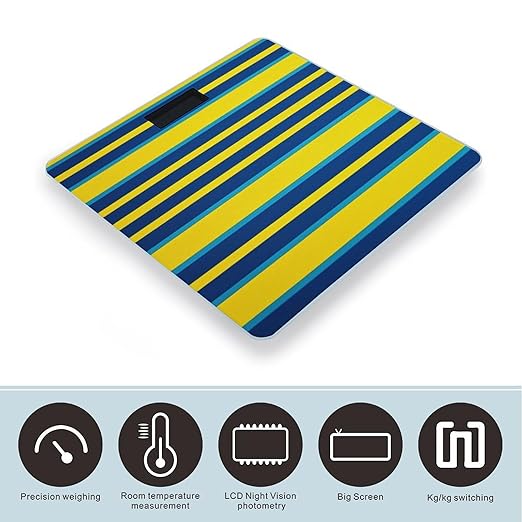 Yellow and Blue Stripes Digital Bathroom Scale for Body Weight Weighing Scale with Backlit LCD Display High Precision Measurements &amp Measures Weight Up to 180kg
