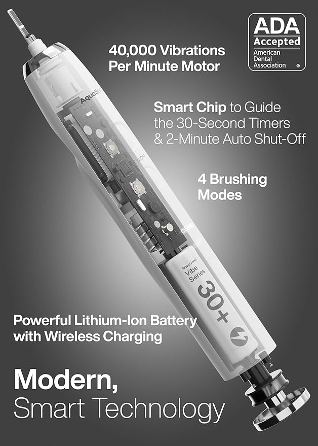 Aquasonic Vibe Series Ultra-Whitening Toothbrush – ADA Accepted Electric Toothbrush - 8 Brush Heads &amp Travel Case – 40000 VPM Motor &amp Wireless Charging - 4 Modes w Smart Timer – Optic White