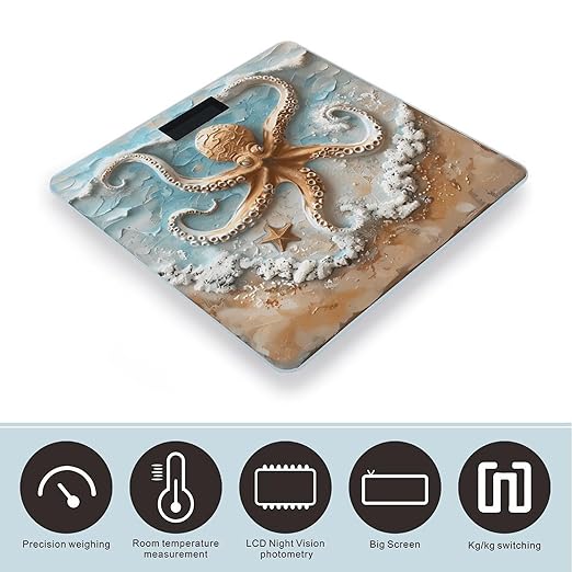 Beach Octopus Starfish Digital Bathroom Scale for Body Weight Weighing Scale with Backlit LCD Display High Precision Measurements &amp Measures Weight Up to 180kg