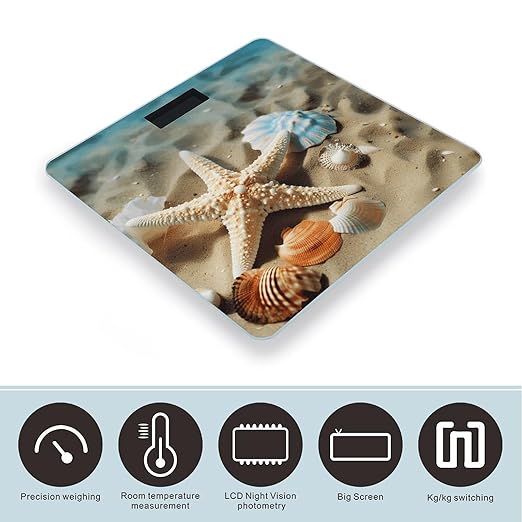 Starfish Coral and Seashell Scale for Body Weight Anti-Slip Digital Bathroom Scale Sturdy Toughened Glass Weighing Scales High Precision Safe Rounded Corners Smart Scales