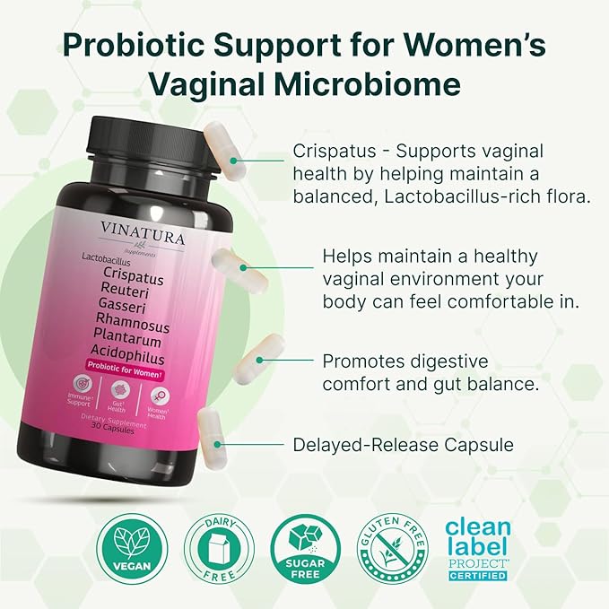 VINATURA Lactobacillus Rhamnosus Reuteri Gasseri Plantarum Crispatus Acidophilus Probiotics - Probiotics for Women *USA Made &amp Tested* Women Vaginal Health Gut and Digestive Health - 30 Caps