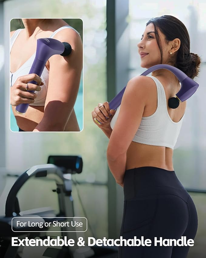 2-in-1 Detachable Muscle Massage Gun Deep Tissue with 20'' Extension Handle Back and Neck Massager for Pain Relief Handheld Massager for Shoulder Lower Back Leg Waist Purple