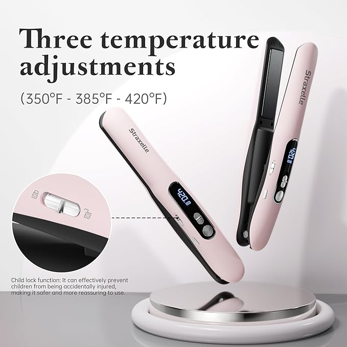 Mini Cordless Hair Straightener and Curler 2 in 1 Mini Portable Flat Iron Adjustable 350°F-420°F Travel Hair Straighteners LED Display/5000mAh Ceramic Flat Iron Hair Straightener for Women Men(Pink)
