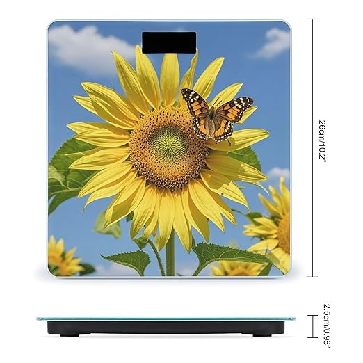 Sunflower and Butterfly Bathroom Scale for Body Weight Bathroom Weighing Scales with Back Lit LED Display Sturdy Tempered Glass Body Weight Bathroom Scale 400lb Weighing