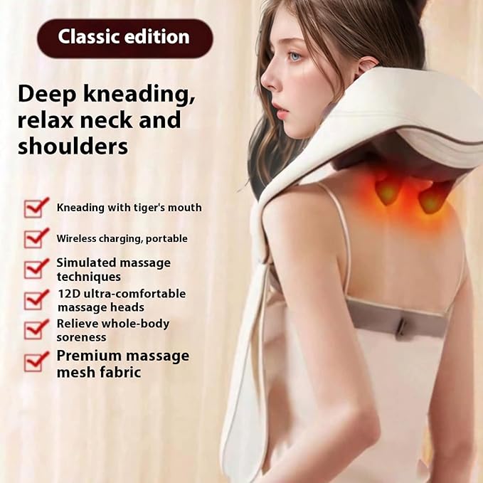6D Massage Shoulder Wrap with Heat - Kneading Shiatsu Neck and Back Massager for Pain Relief - Suitable for Men and Women (Gray Blue Border USB+Pinch+Hot Compress+Timing)