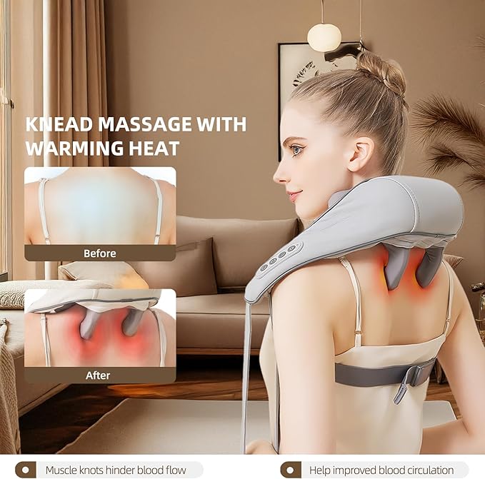 Cordless Shiatsu Neck and Shoulder Massager with Heat – 6D Kneading Massage Deep Tissue Pain Relief for Trapezius Rechargeable Brushless Motor