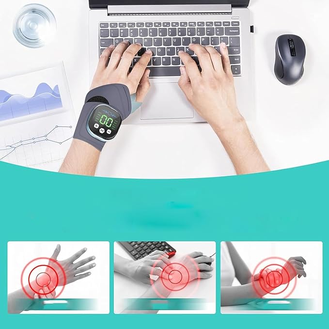 Rechargeable Adjustable Electric Wrist Massager Cordless Wrist Heating Pad with Heat 8 Massage Modes 30 Intensity Levels Wearable Hand Heating Brace for Daily &amp Sports Use (Blue)
