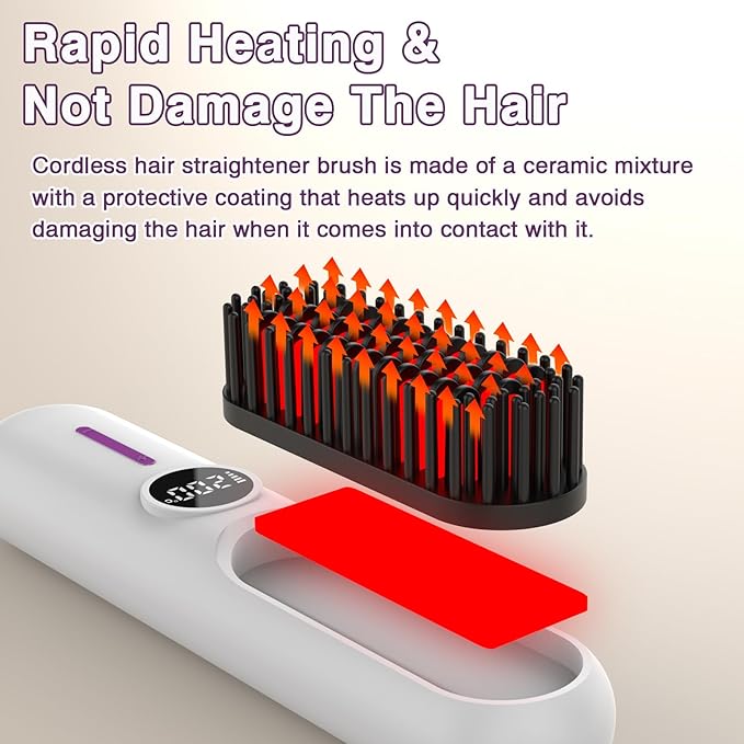 Cordless Hair Straightener Portable Travel Straightening Brush USB Rechargeable Mini Hot Ionic Straightener Comb for Women Fast Heating with 7 Temperature Adjustment (White)
