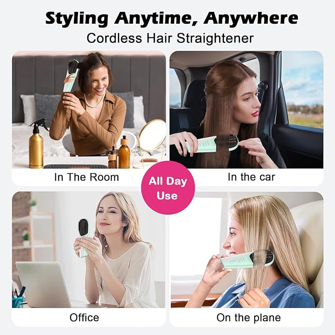 Go Brush Pro Cordless Hair Straightener Brush - Portable Travel-Friendly 30s Quick Heat 10000mAh USB-C Rechargeable 150M Negative Ions (Green(10000mAh))