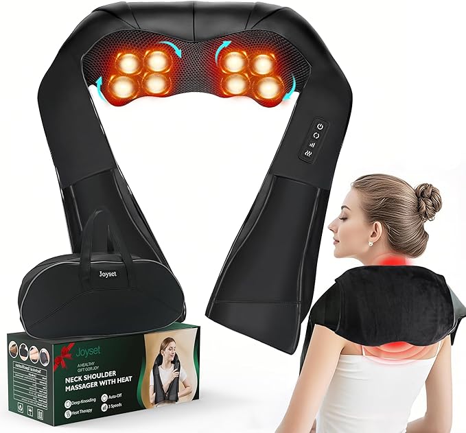 Joyset Shiatsu Neck and Back Massager with HeatElectric Shoulder Massager3D Kneading Massage with Cloth Cover Easy to Clean Best Gift for Men Women Parents (Black1+Handbag)