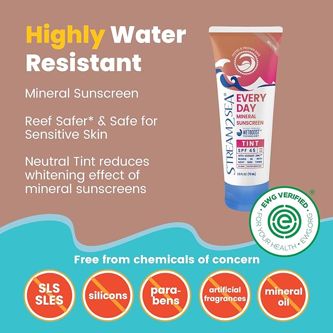 SPF 45 Every Day Tint Mineral Sunscreen | 2.5 Fl Oz Biodegradable Paraben Free &amp Reef Safe | Non-Greasy Tinted Sunscreen For Face &amp Body Protection Against UVA &amp UVB